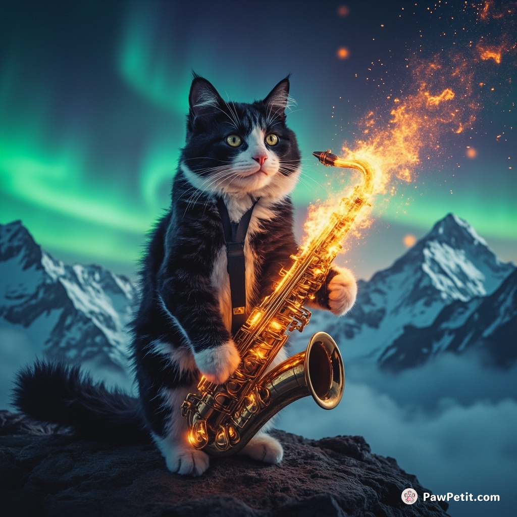 A black and white cat confidently playing a flaming saxophone atop Mount Everest against a neon aurora borealis backdrop.