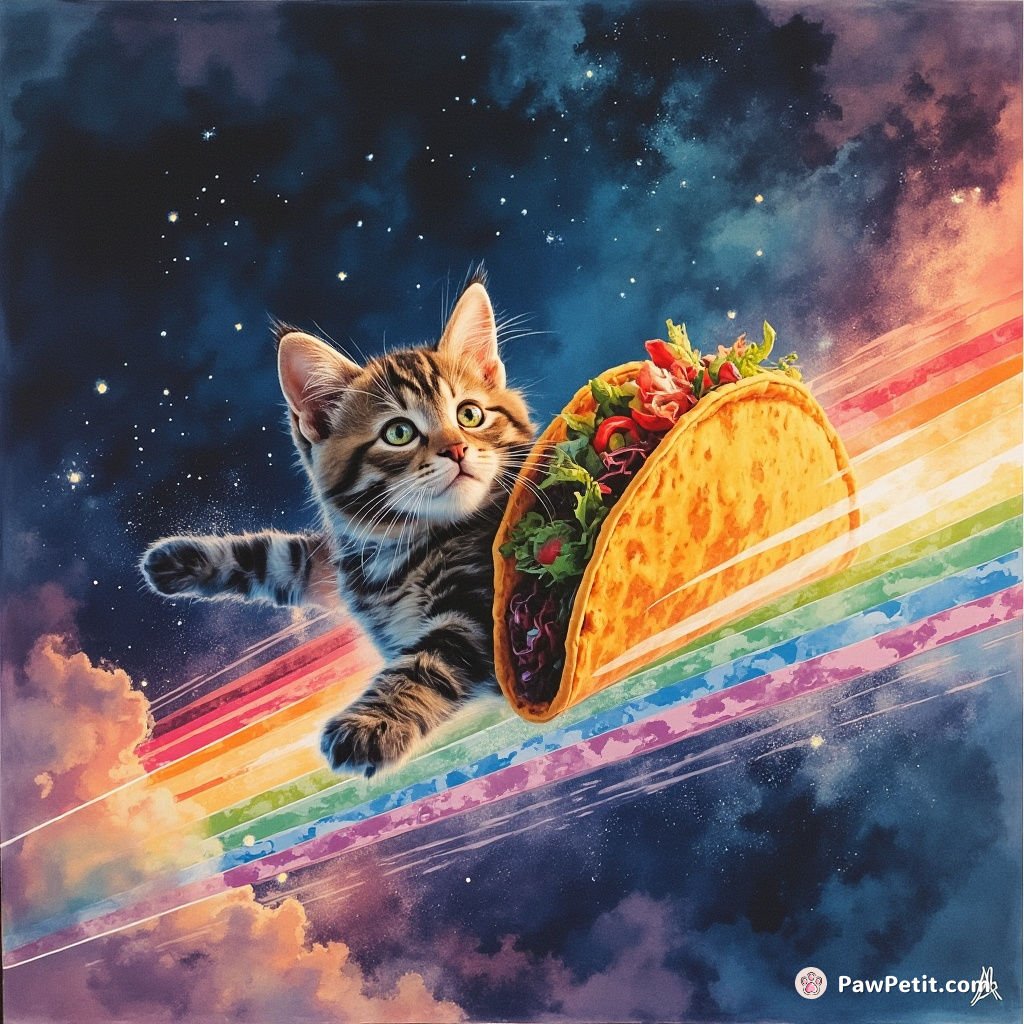 Cybernetic cat power-sliding on a taco across a rainbow glitch in the cosmic digital space-time strata.