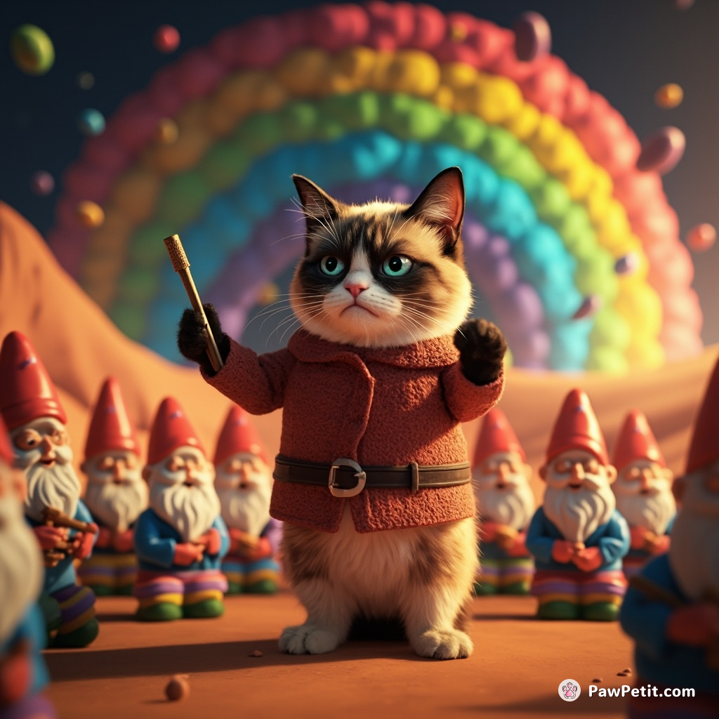 A grumpy cat conducting a symphony of garden gnomes under a rainbow on Mars.