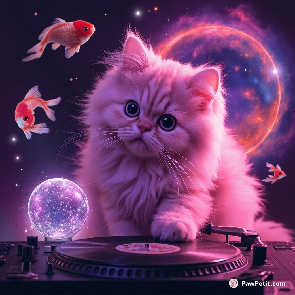 A neon pink cat DJ spinning cosmic galaxies on a vinyl record, enveloped in alongside multi-dimensional dancing fish around a disco ball moon.