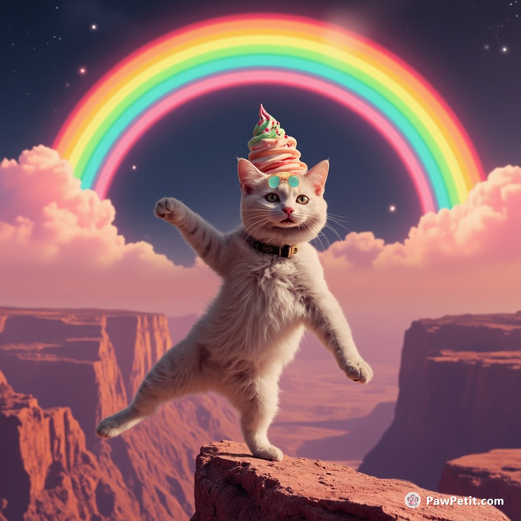 Cat pirouetting on a canyon rim under an interstellar rainbow, grinning saucers of glee, balancing an absolute zero ice-cream sundae with quantum sprinkles on its head.