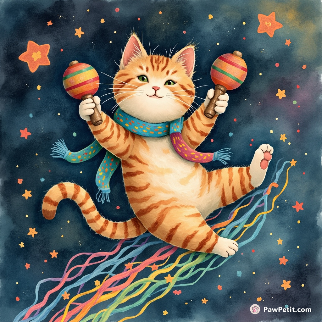 Lucky cat with maracas tap-dancing on a rainbow spaghetti strand in space.