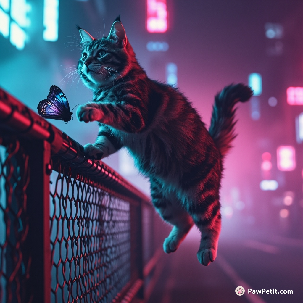 Frantic cat scales a fence, chasing a butterfly, then freezes mid-air, paws splayed in comical surprise.