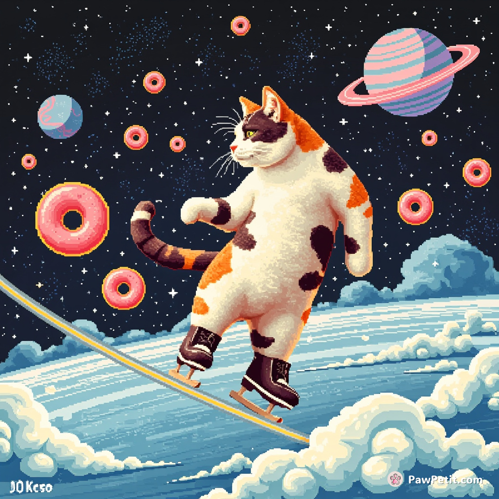 Giant calico cat ice-skating on a ring of Saturn, dodging flying doughnuts projected by tiny martians.