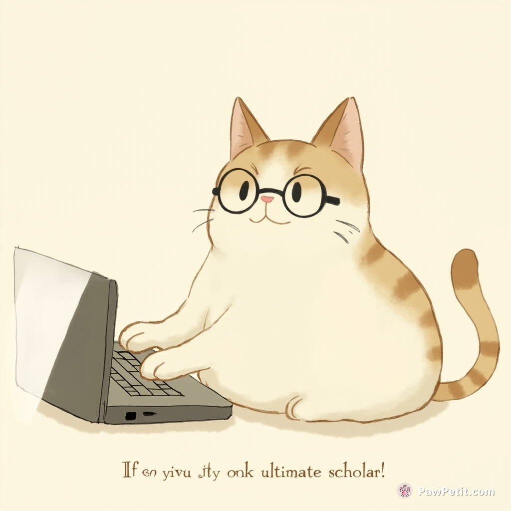 A cat dons glasses, starts a lecture, typing furiously on a tiny laptop, declaring itself the ultimate scholar.