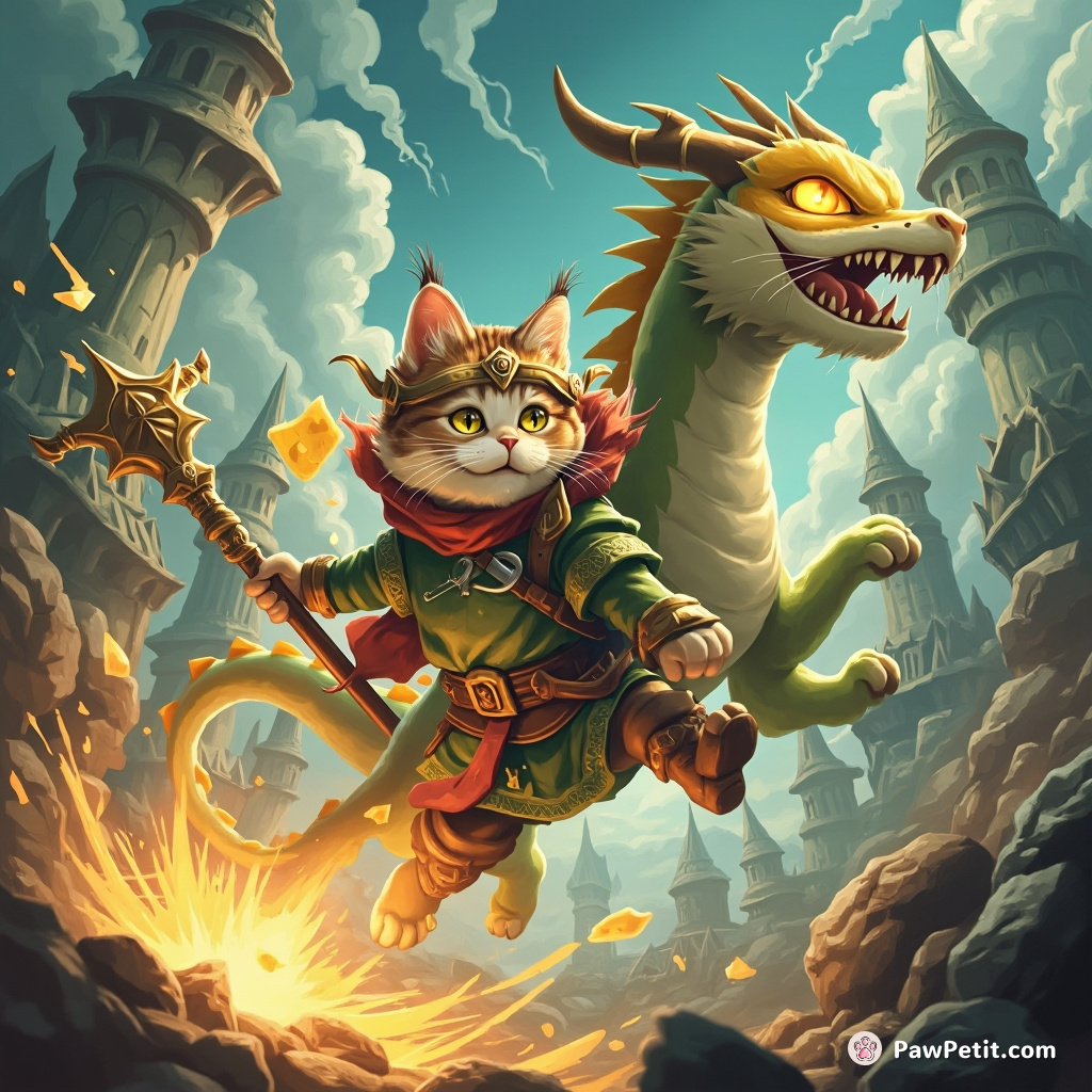 In the kingdom of Meowtopia, the daring tabby leaps, slaying the cheese dragon with a single mighty scratch.
