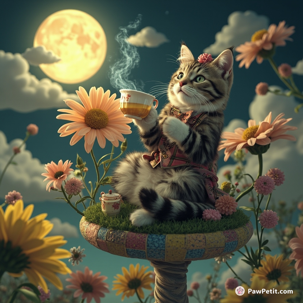 A Victorian-era cat sipping moon-infused tea on a patchwork floating island with oversized carnivorous daisies.
