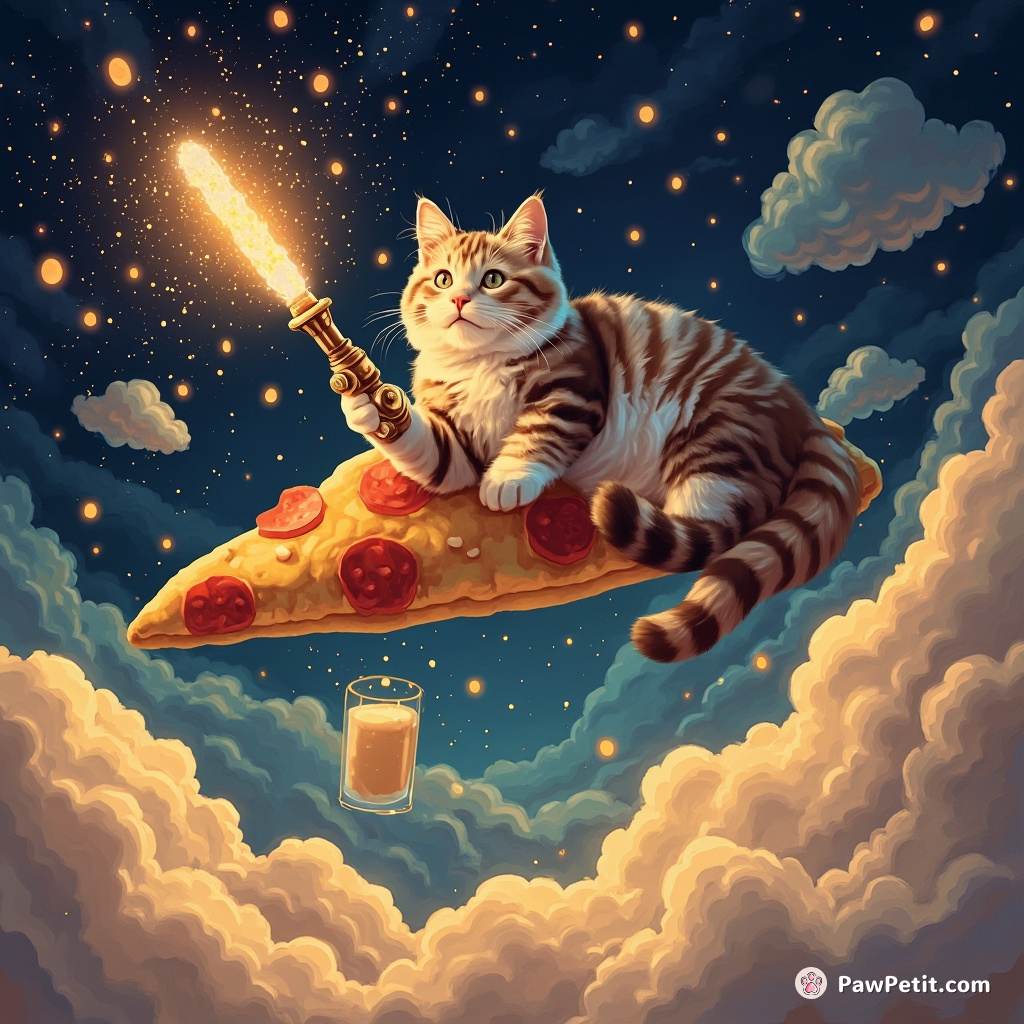 Cat lounging on top of a floating pizza slice, lazily casting inter-dimensional spells with a pulsating kaleidoscope wand in the luminescent forest of hovering eggnog clouds.