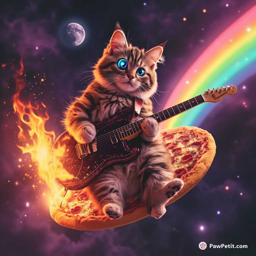 Cosmic cat playing a flaming double-neck guitar while riding a flying pizza through a rainbow nebula.