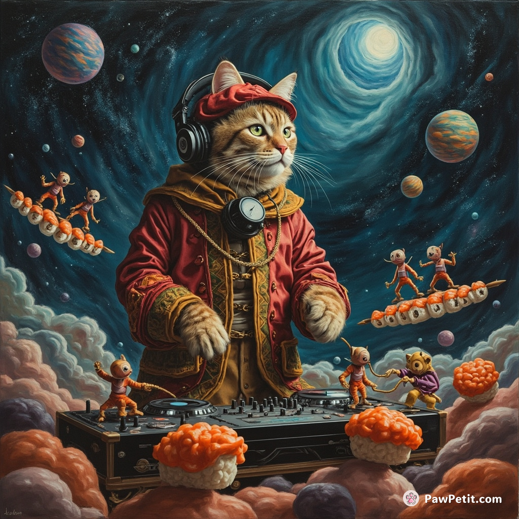 A giant cat DJing a grand concert for tiny aliens atop floating sushi rolls in the heart of an interstellar abyss.