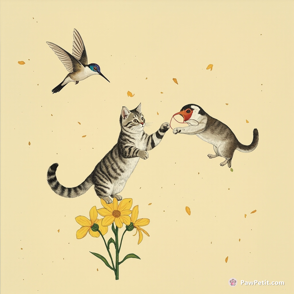 Cat jousting with a hummingbird, balancing on a floating daffodil in outer space.