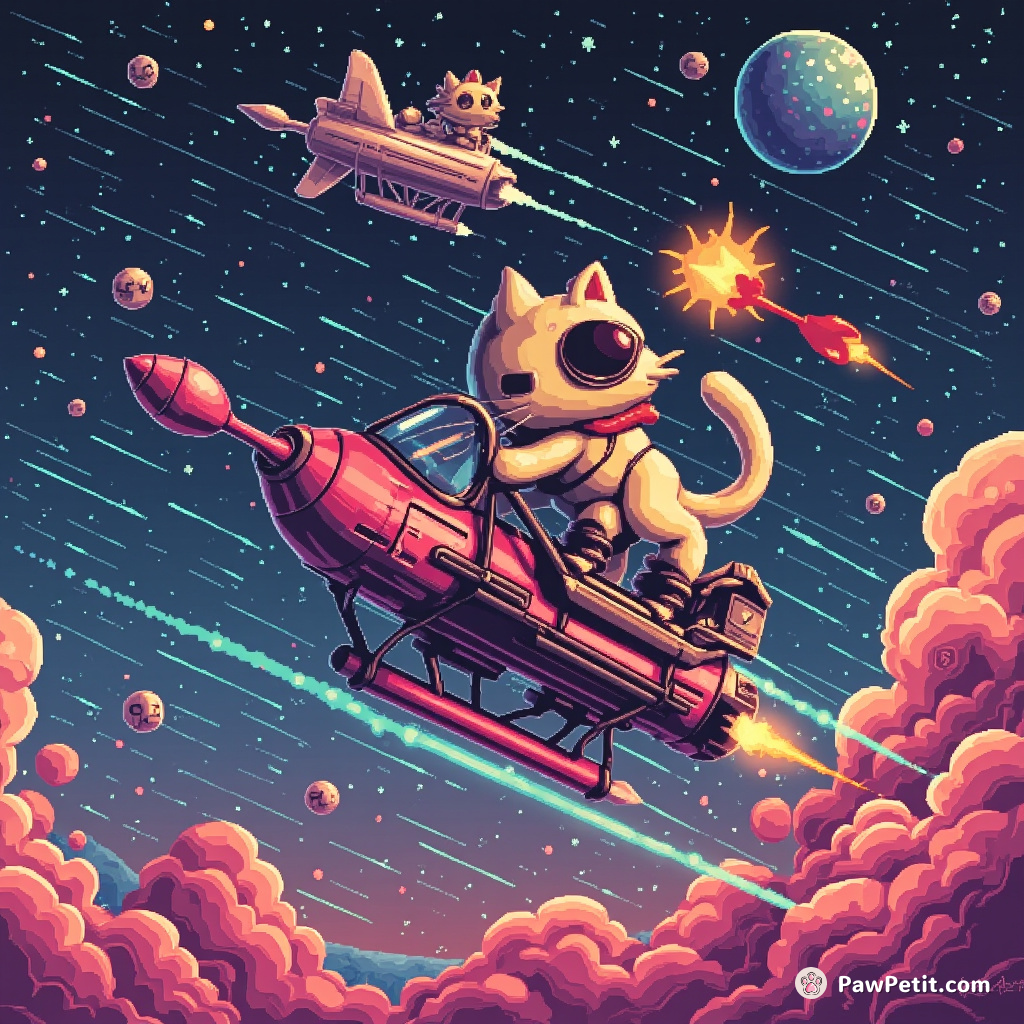 Cosmic Kitty, deftly swiveling techno-treadmills, propels the intergalactic squid-zeppelin against invading alien bears.