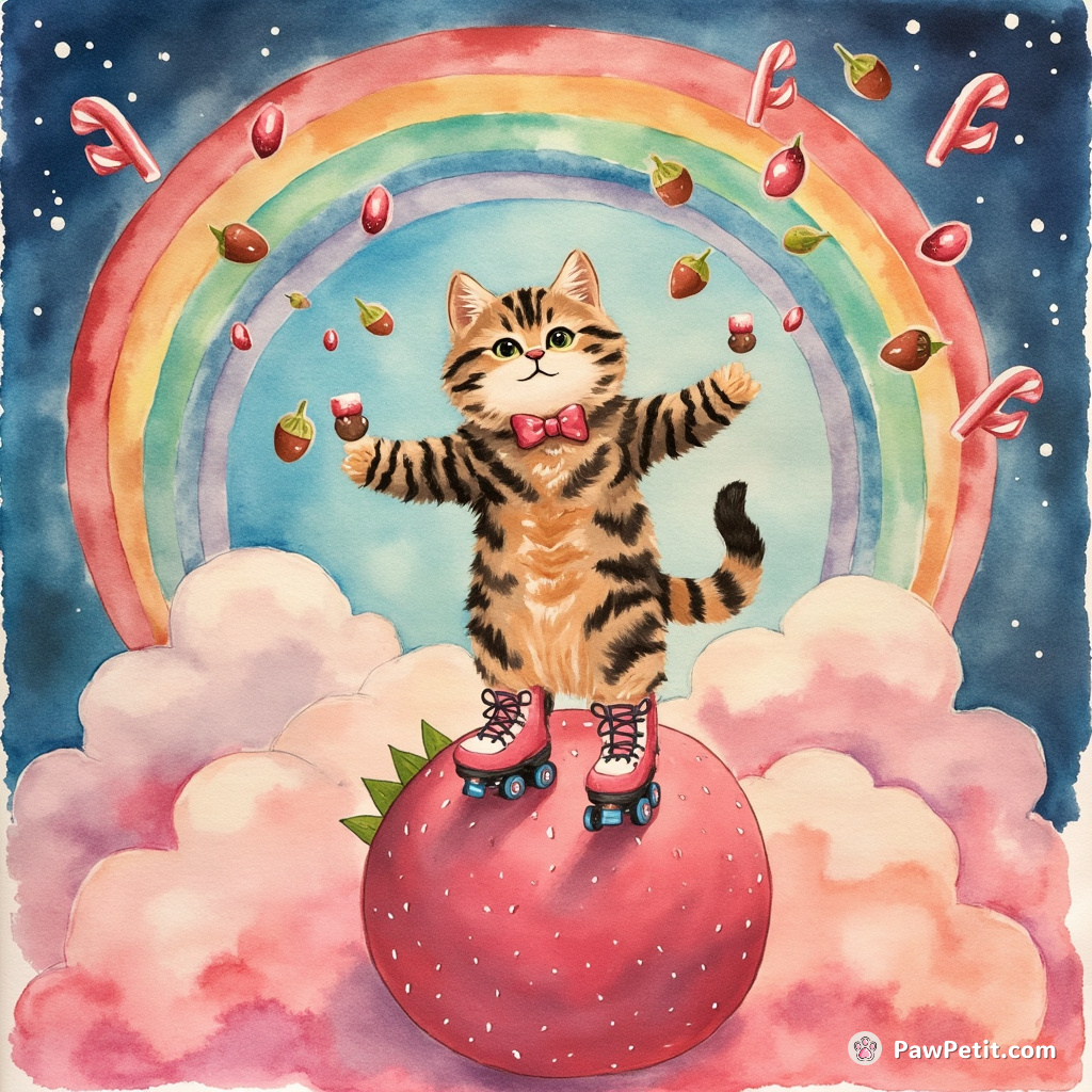 A tabby cat disco-dancing on a strawberry-shaped planet in neon roller skates while juggling acorns under a candy-cane rainbow.