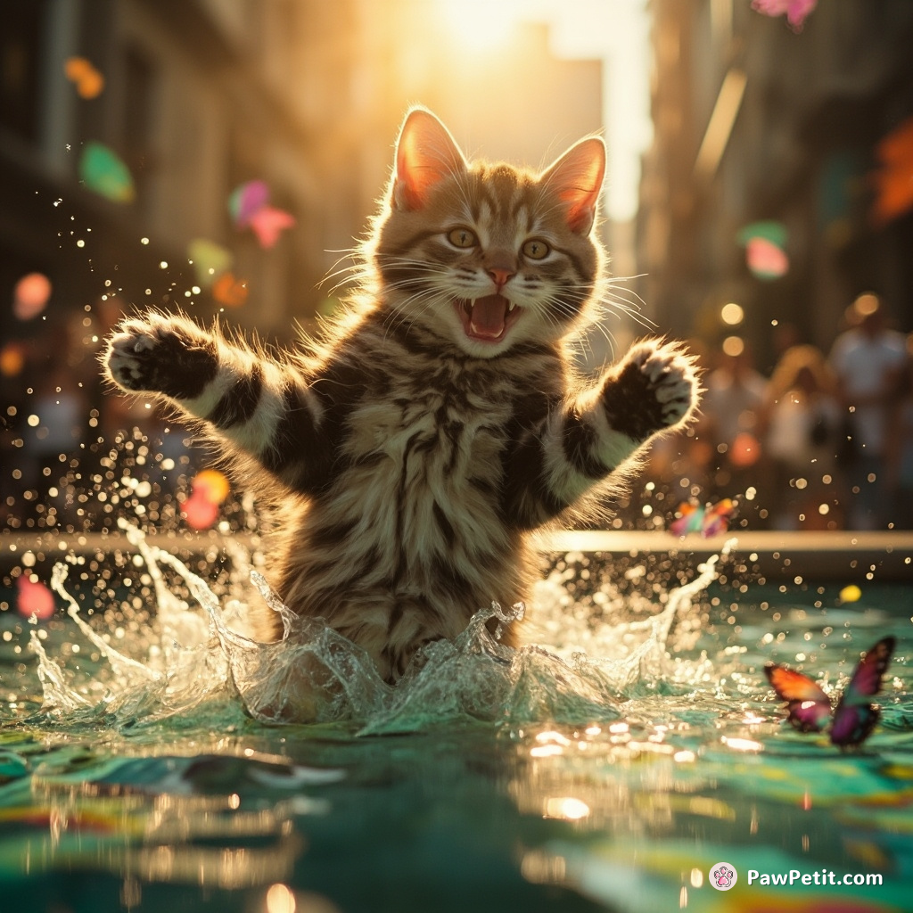 Fur ablaze in sun-rays, the feline somersaults joyously into a butterfly pool- her claws untangling the city's hold.