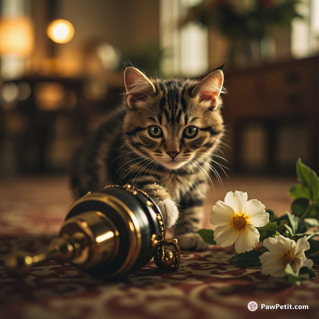 Cat innocently knocks down a funeral urn, mistaking the heartfelt mourning as an invitation for playful interaction.