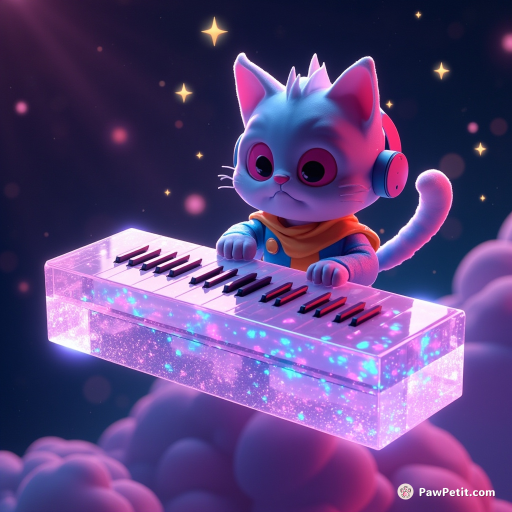A cat keyboardist rocking out on a crystalline piano, floating in neon-infused space, while star dust twinkles around.