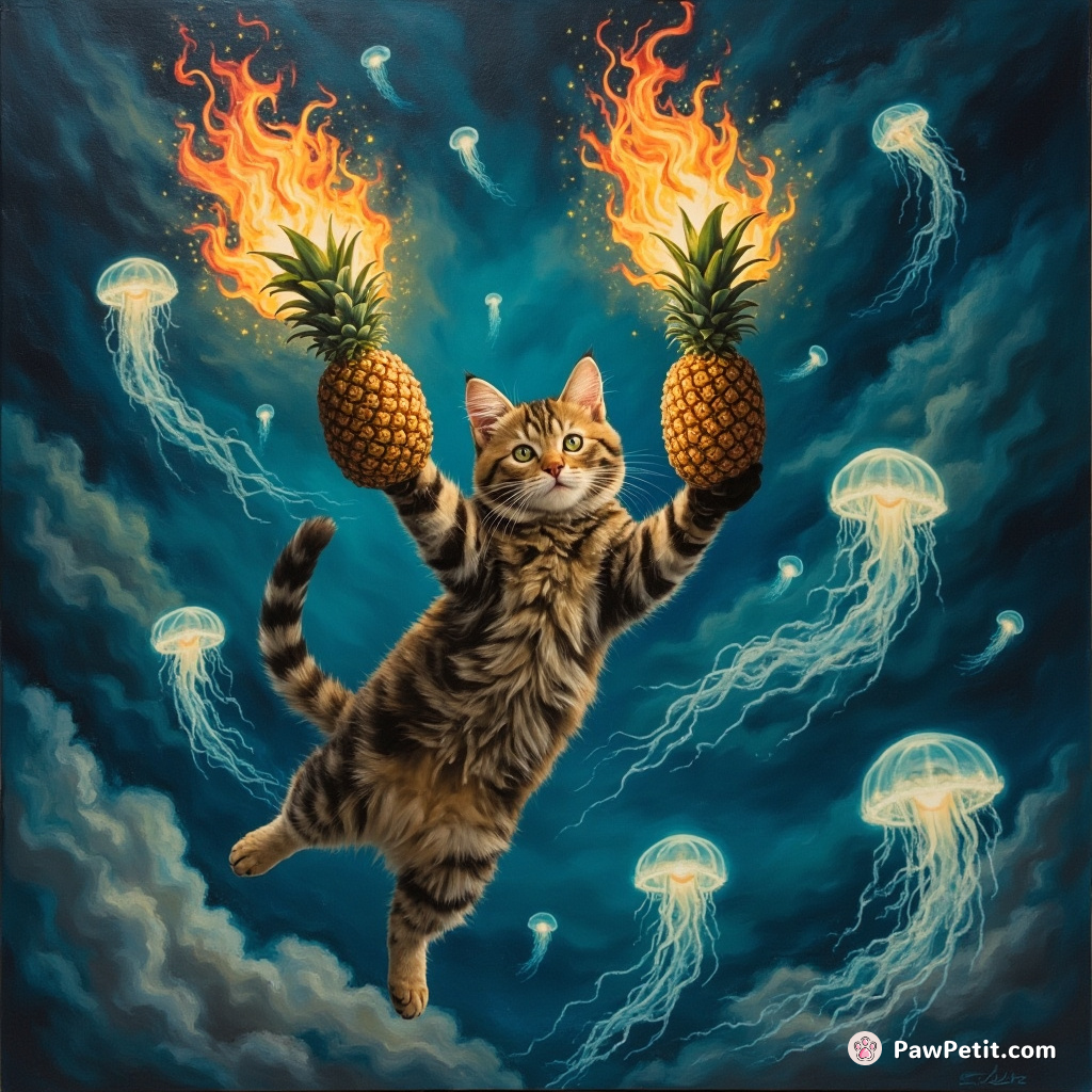A cat juggling flaming sapphire pineapples in a floating circus under luminescent bioluminescent jellyfish clouds.