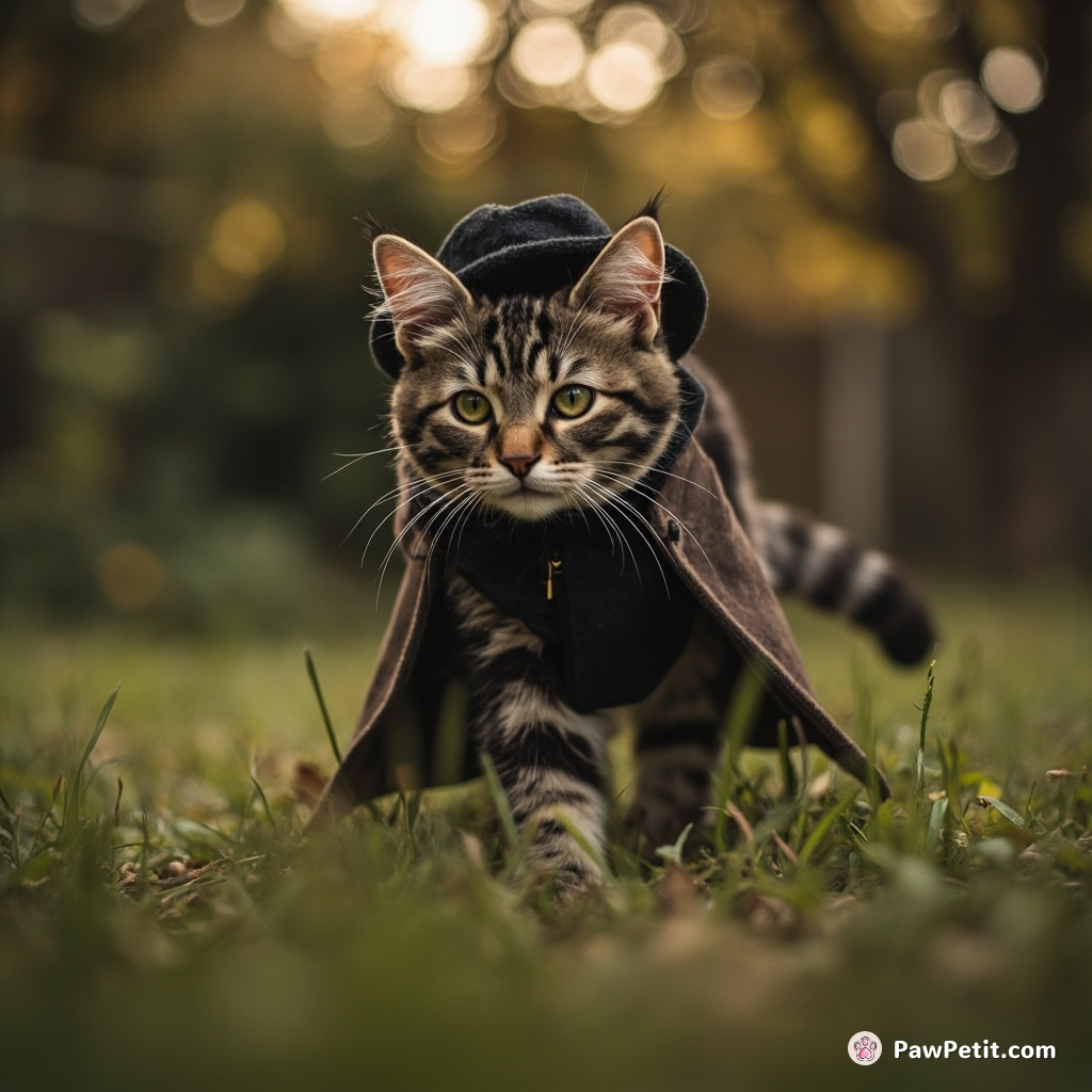 Feline Sherlock, tail alertly uptight, romping around a garden, investigating "The Mysterious Case of the Missing Sausages".