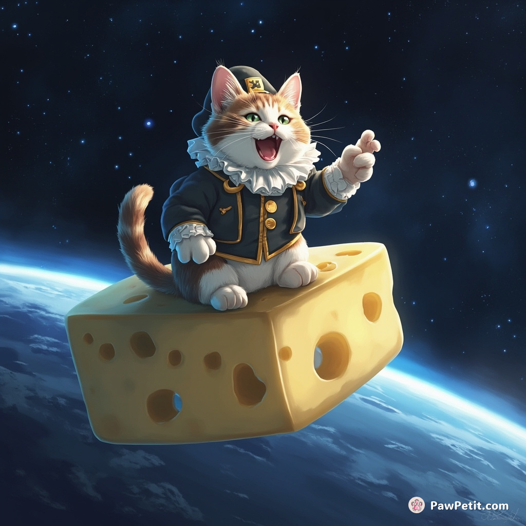 Cat giving a passionate Shakespearean soliloquy atop a floating blue cheese in outer space.