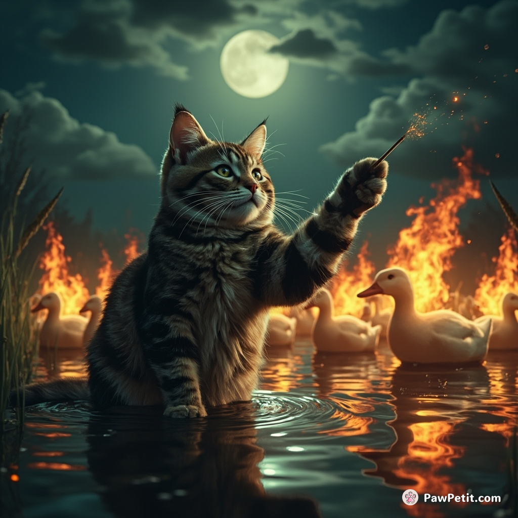 Cat conducting a symphony of fire-breathing ducks in a surreal moonlit marsh.