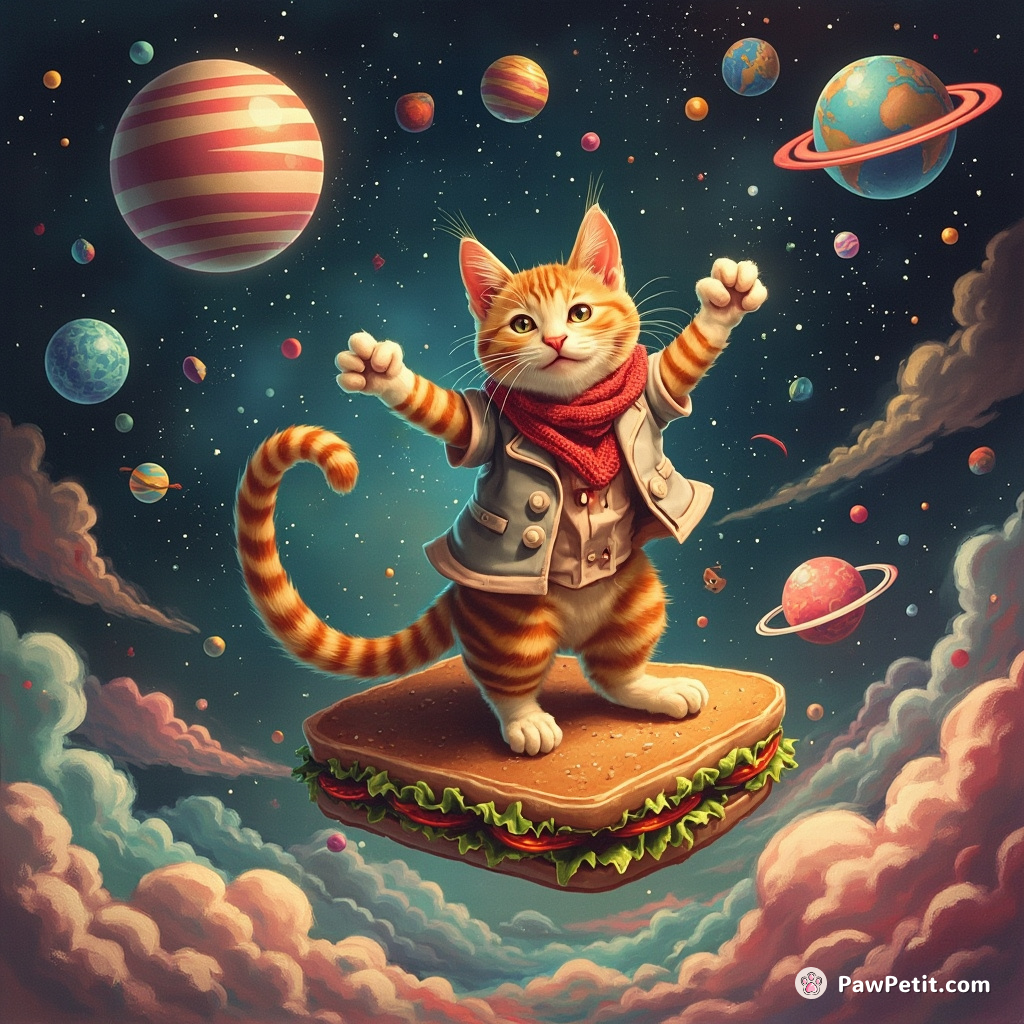 A cat tap dancing on a floating sandwich in an outer space disco party.