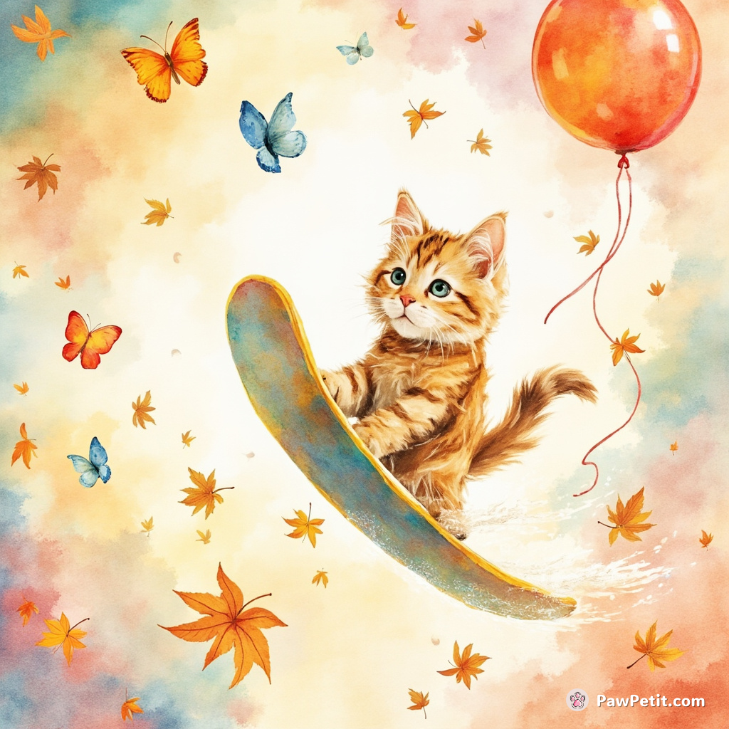 A windblown cat surfing on falling autumn leaves amidst a kaleidoscope of butterflies and balloons.