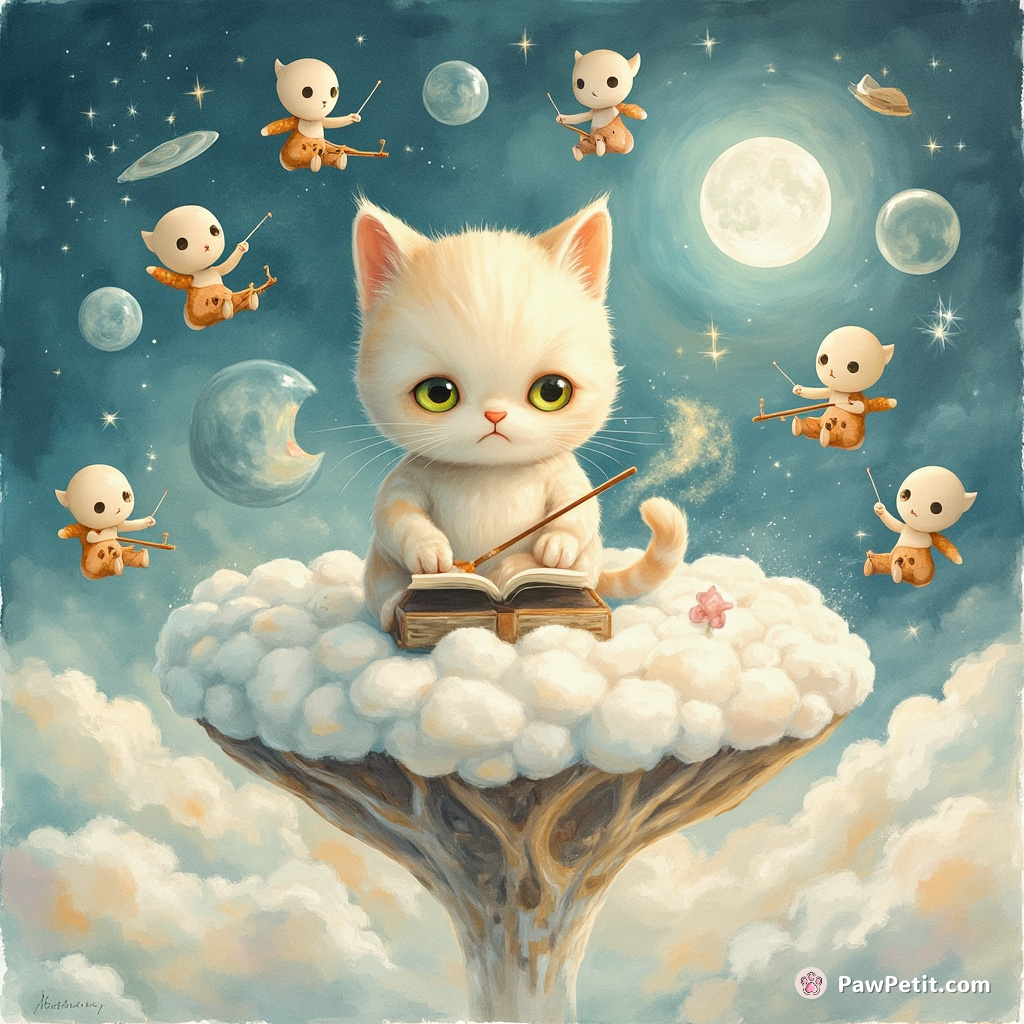 A melancholy cat conducting an orchestra of alien choirs on a floating marshmallow island.