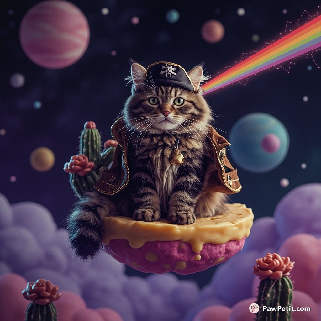 A pudgy pirate cat sitting atop a floating cactus in outer space, etching cosmic constellations onto moon cheese with its laser stare.