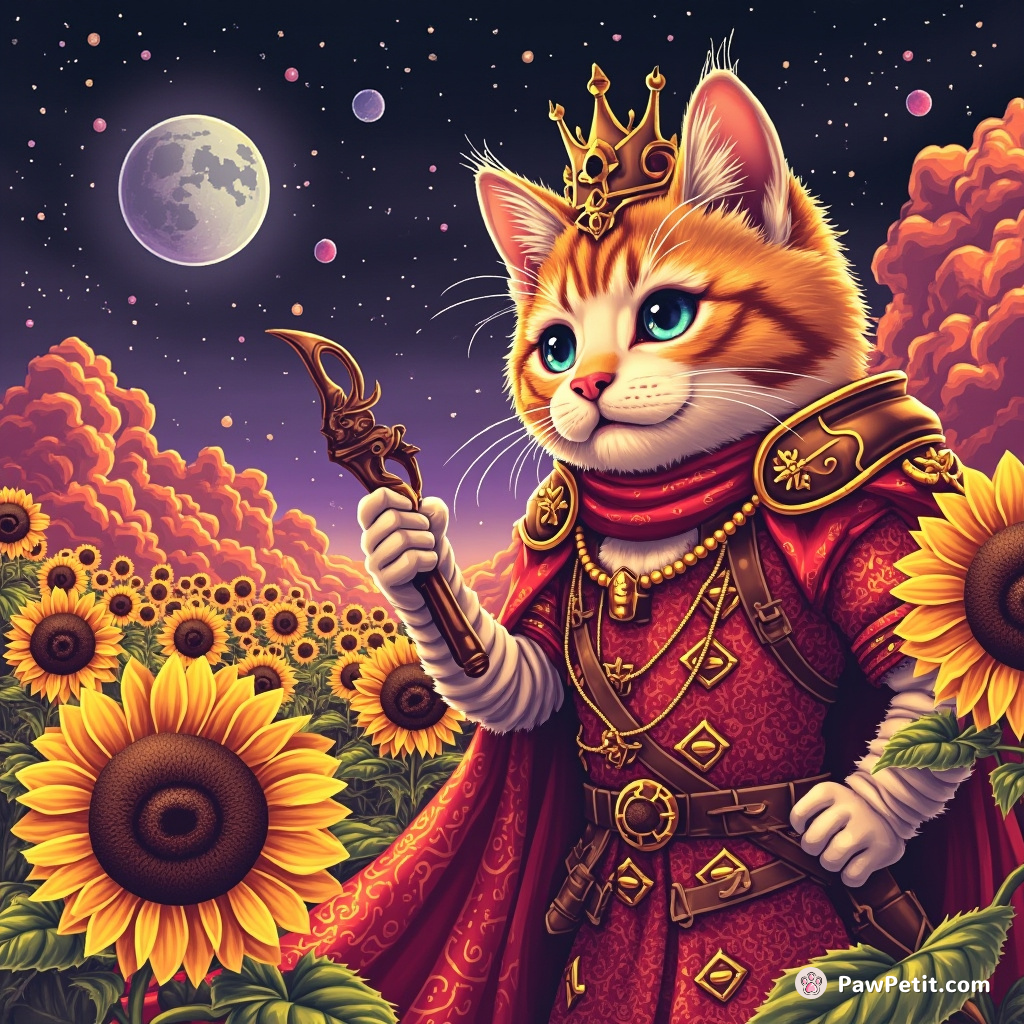 A feline queen commanding a legion of sunflower soldiers on a jelly-rich planet.
