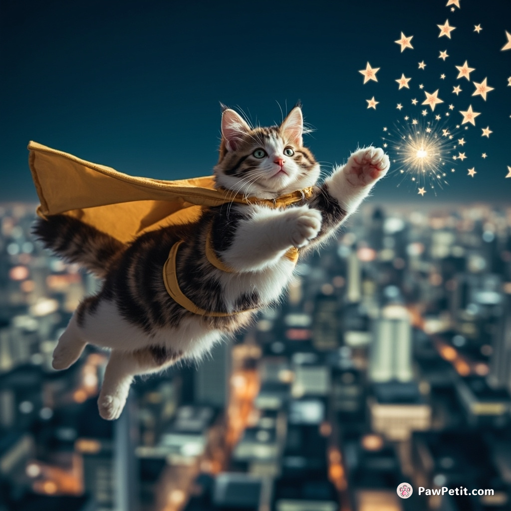 Cat in a superhero outfit flinging fluffy stars with its tail, levitating over a nighttime Tokyo landscape.