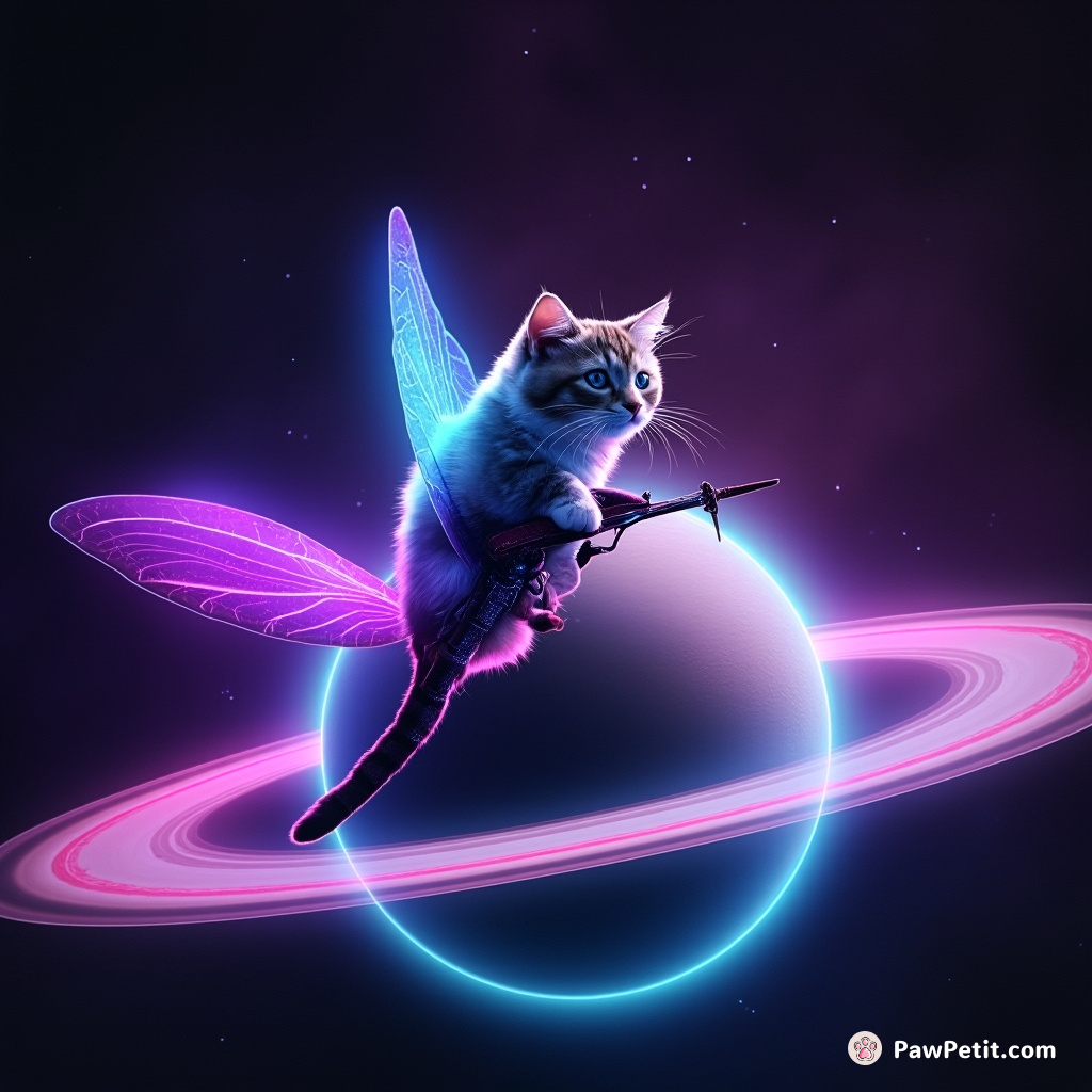 Cat riding a dragonfly on the rings of Saturn.
