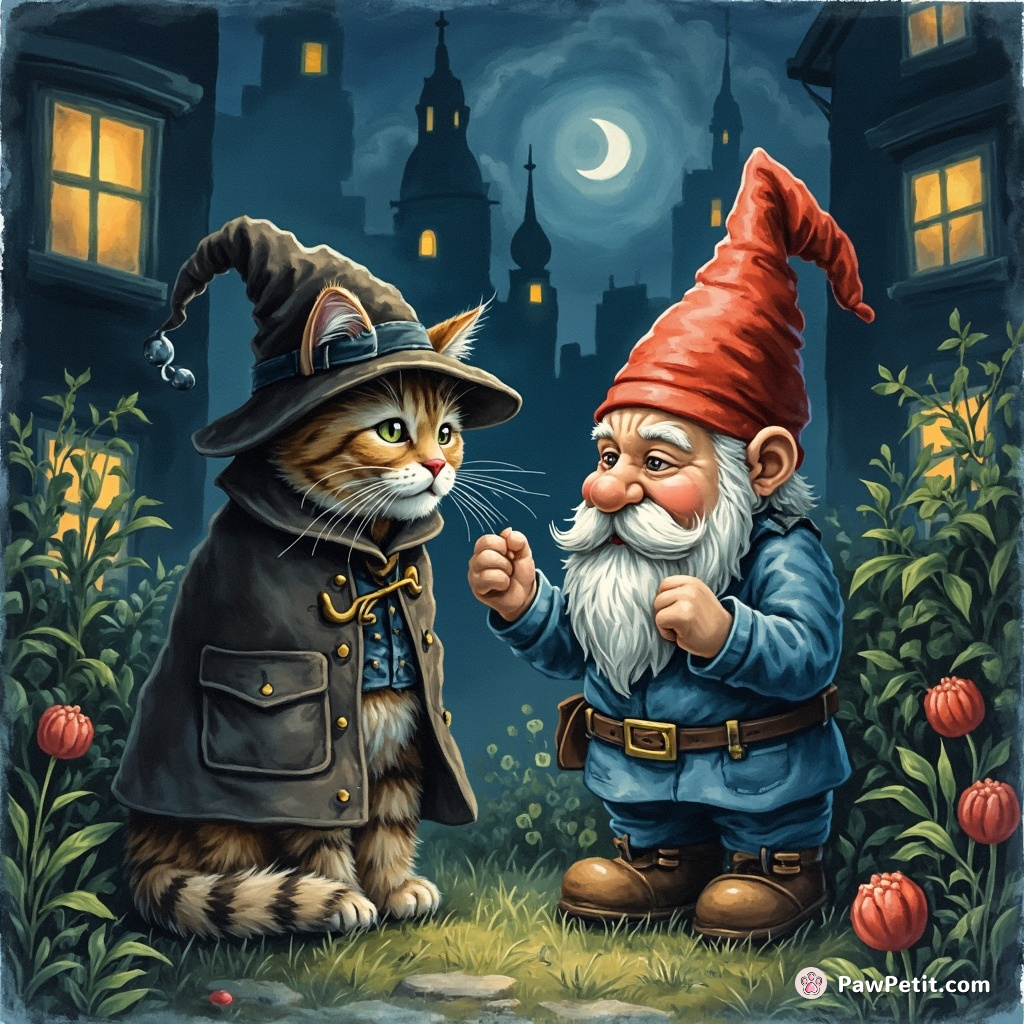 A detective cat questioning a garden gnome in a noir-style nighttime cityscape.