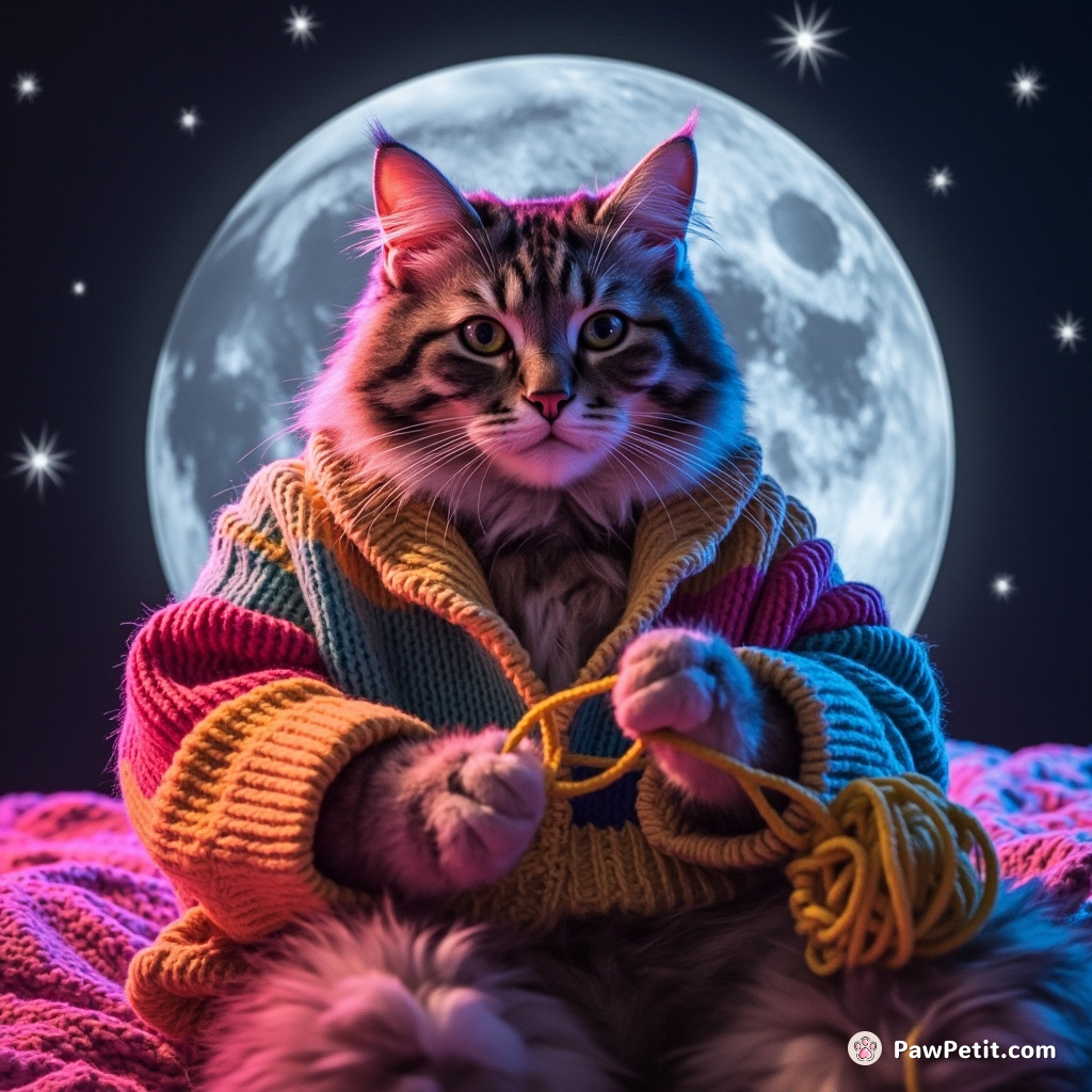 Giant cat knitting a rainbow-colored sweater with golden yarn for the moon.