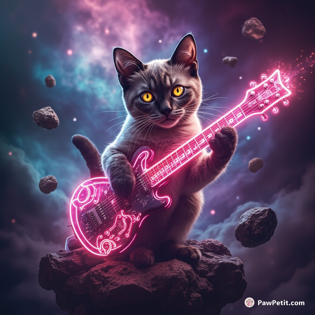 Cybernetic cat mastering an enchanted flamingo guitar, floating on meteorites through a psychedelic nebula.