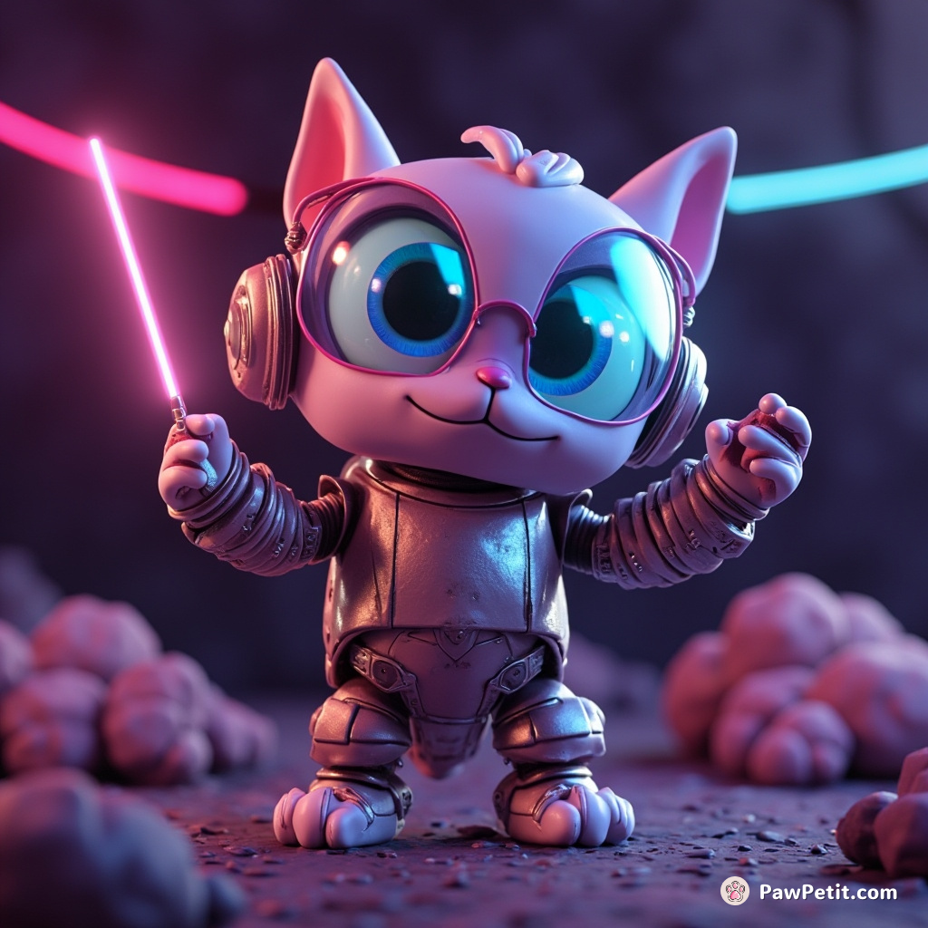 Cyborg cat conducting an alien symphony with a neon conductor's baton.