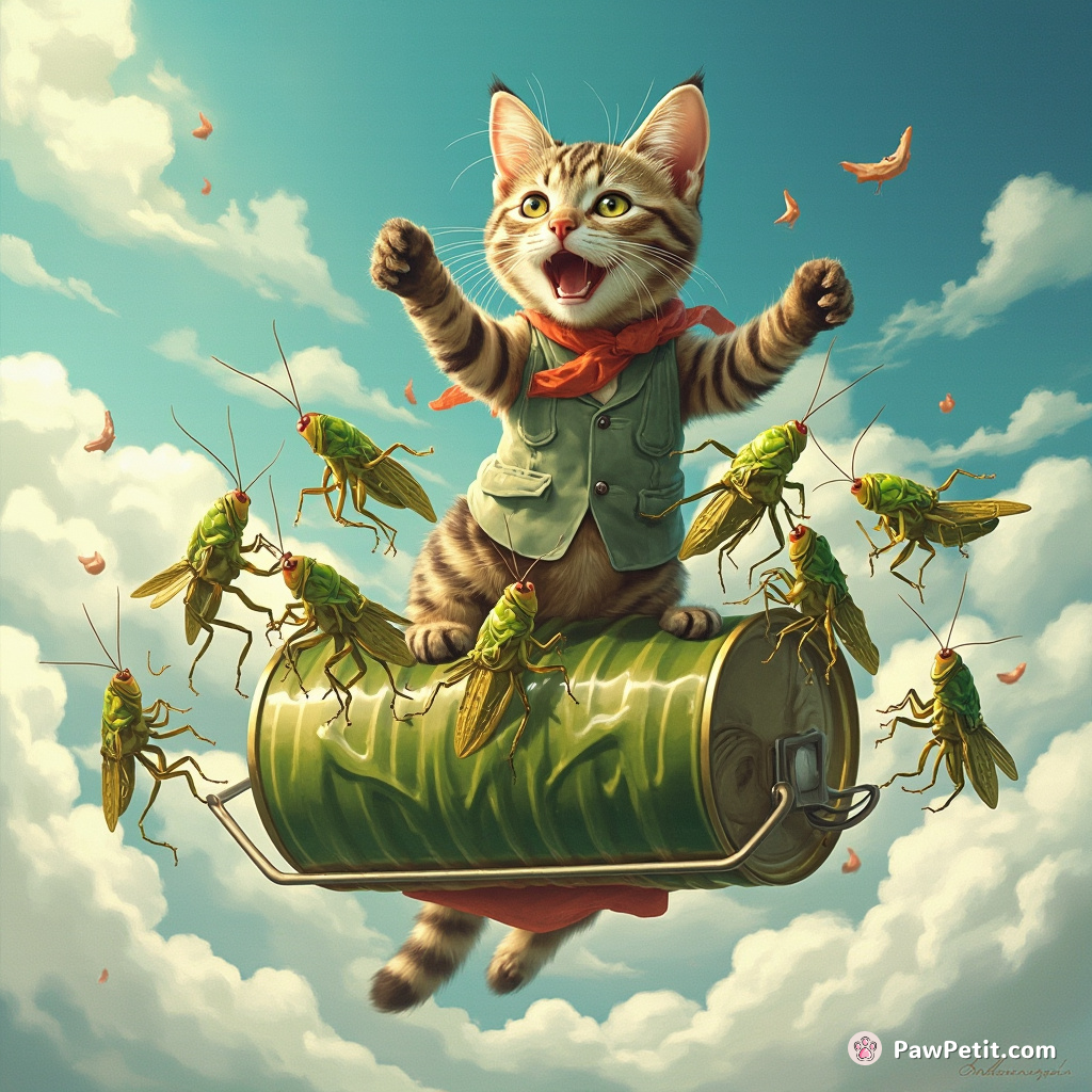 A tabby cat passionately conducting a symphony orchestra of bipedal grasshoppers atop a floating sardine can amidst the clouds.