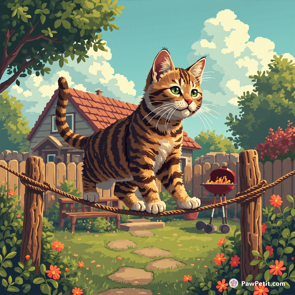 Mischievous tabby cat tight-rope walking on a garden fence, unexpectedly becomes the star of a backyard barbecue party.