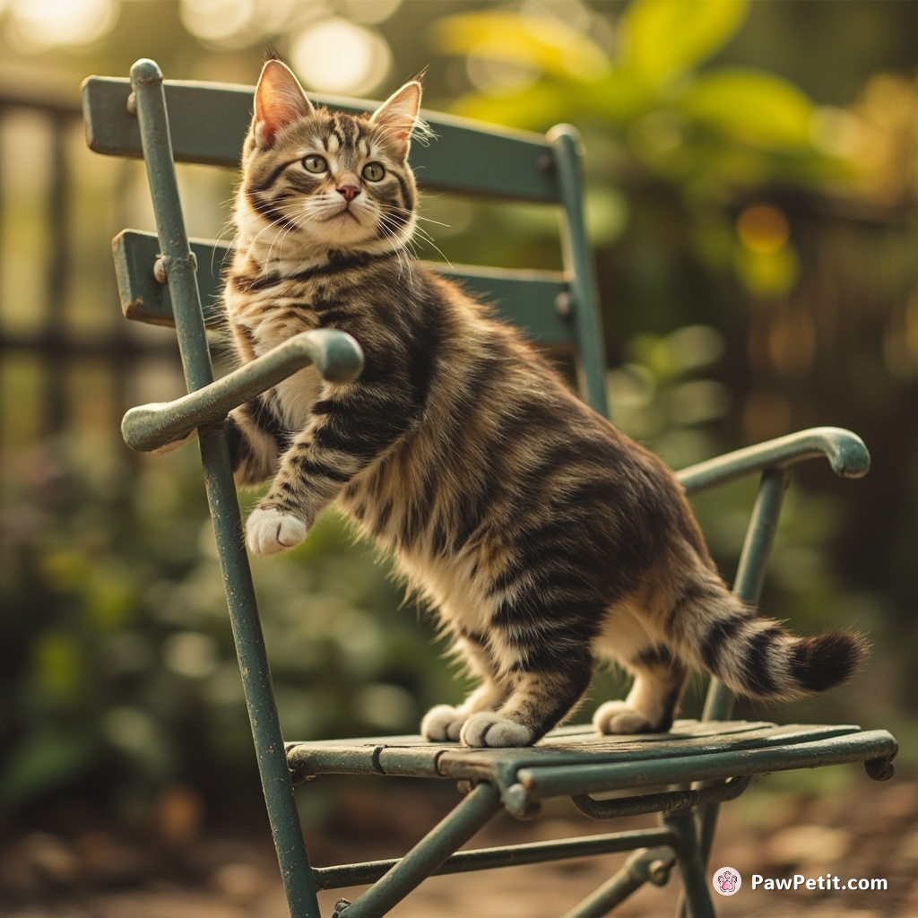A cat struggles to balance on a wobbly garden chair, mimicking a human's sunbathing pose, tail twitching in frustration.