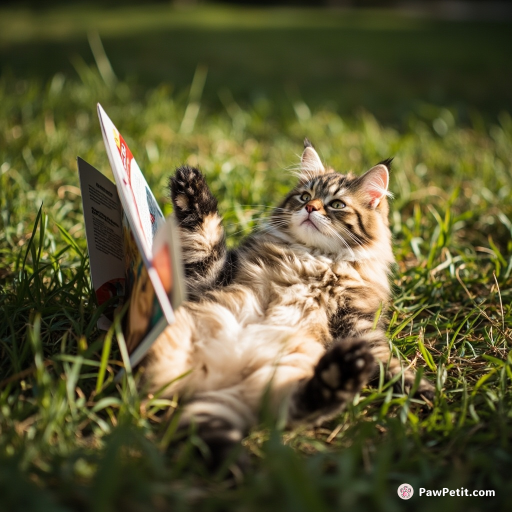 The cat sprawled on the grass, sunbathing, and pawed at the air like a human fanning themselves with a magazine.