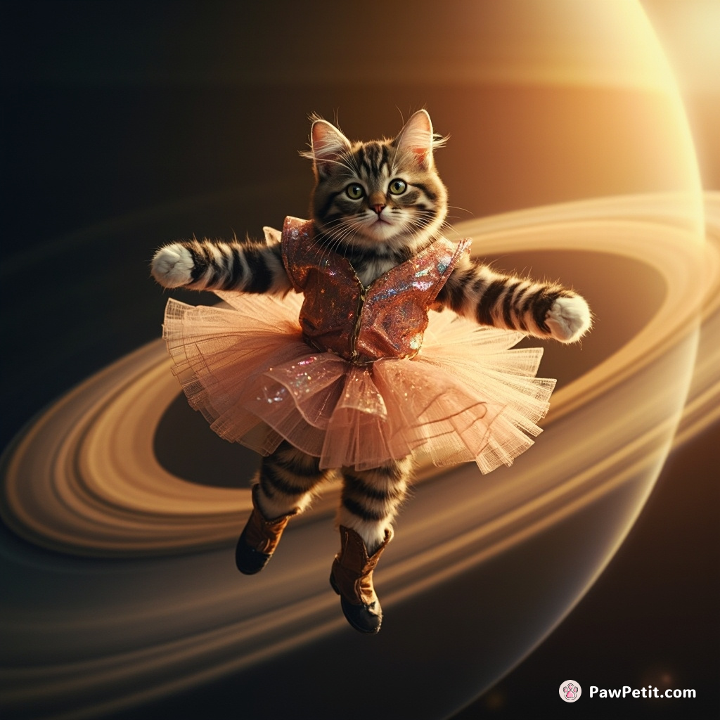 A cat doing ballet on Saturn's rings, clad in a sparkling tutu and cowboy boots.