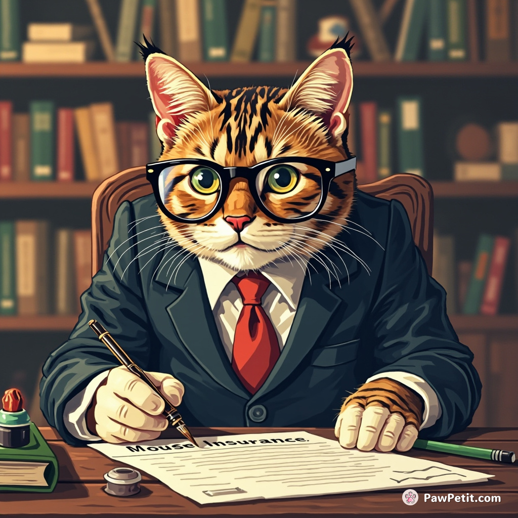 A cat comically wears a suit, fastidiously signing "mouse insurance" papers with paw-dipped ink while squinting through oversized glasses.