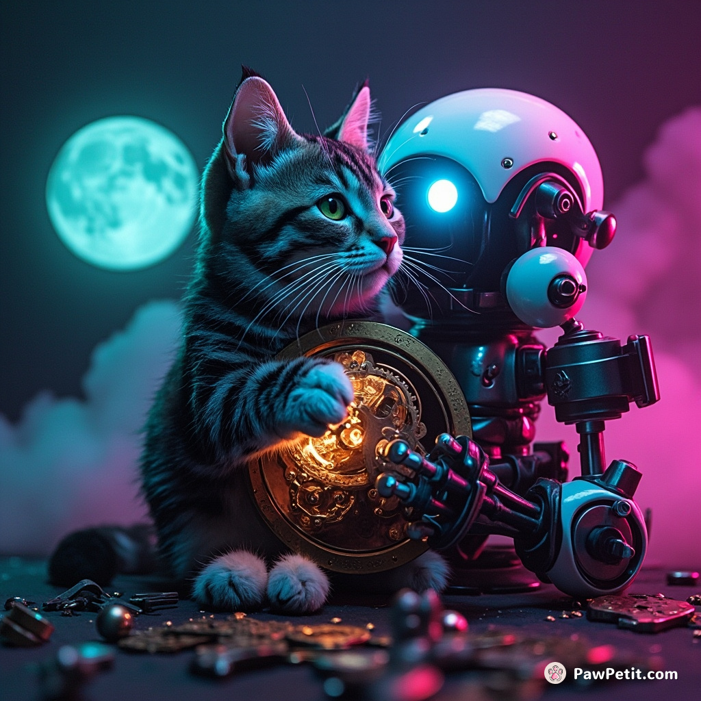 A steampunk cat repairing the clockwork heart of a moon-sized robot.