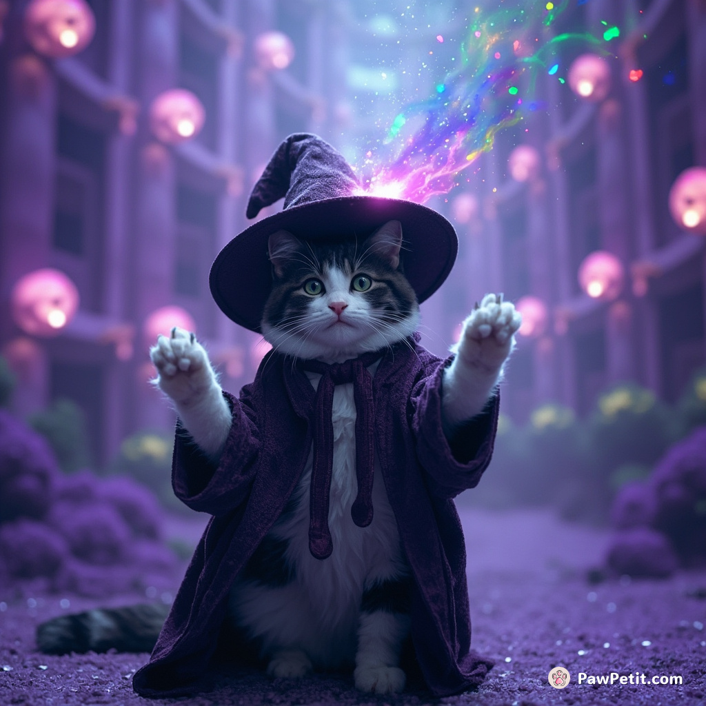 A black and white wizard cat summoning multi-colored rain out of its celestial hat in an underwater lavender city.