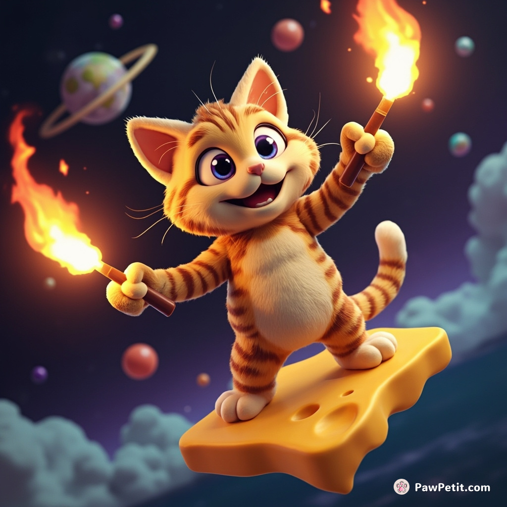 A tabby cat juggling fireballs while tap-dancing on a floating piece of cheese in outer space.