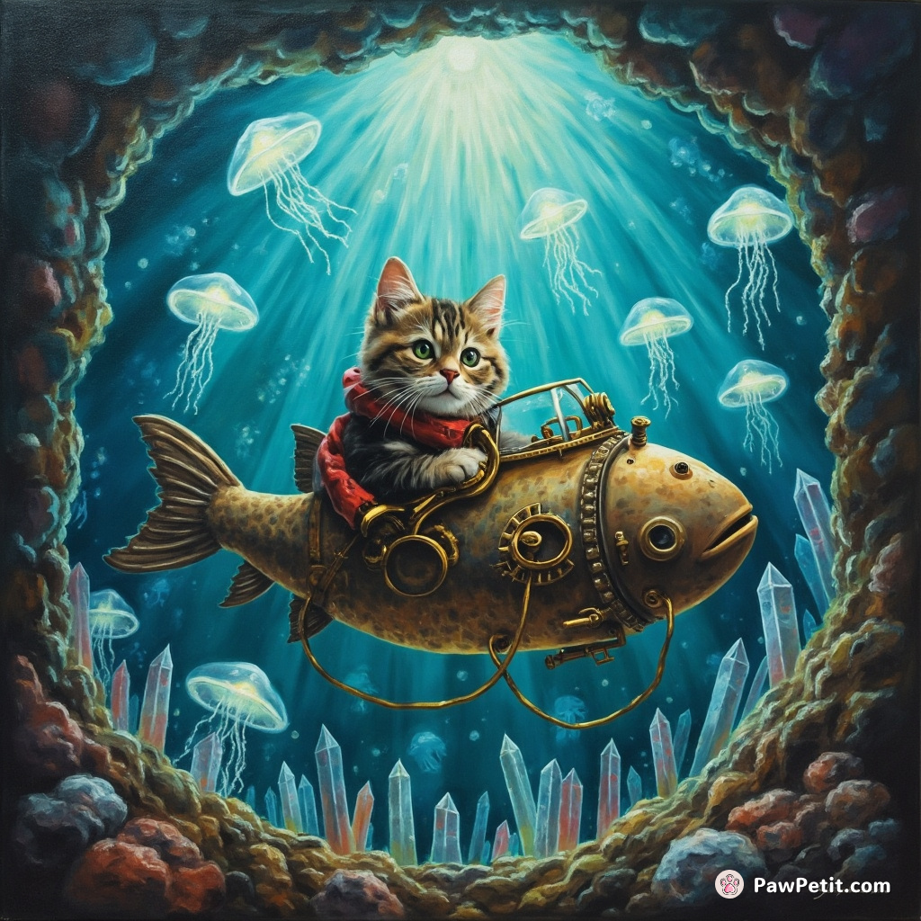 A steampunk cat driving a mechanical fish-submarine into an underwater crystal cave filled with glowing jellyfish.