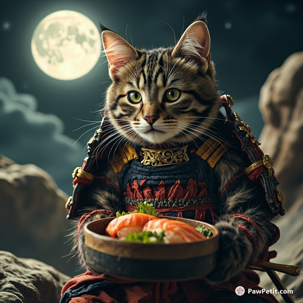 A tabby cat in samurai armor having a sushi lunch on the moon.