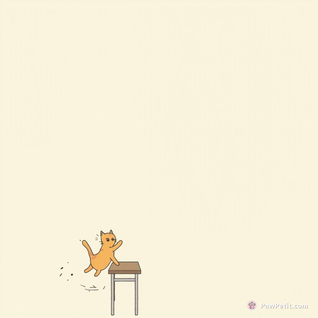 Cat darts frantically, leaps onto a table, narrowly dodging chaotic commotion.