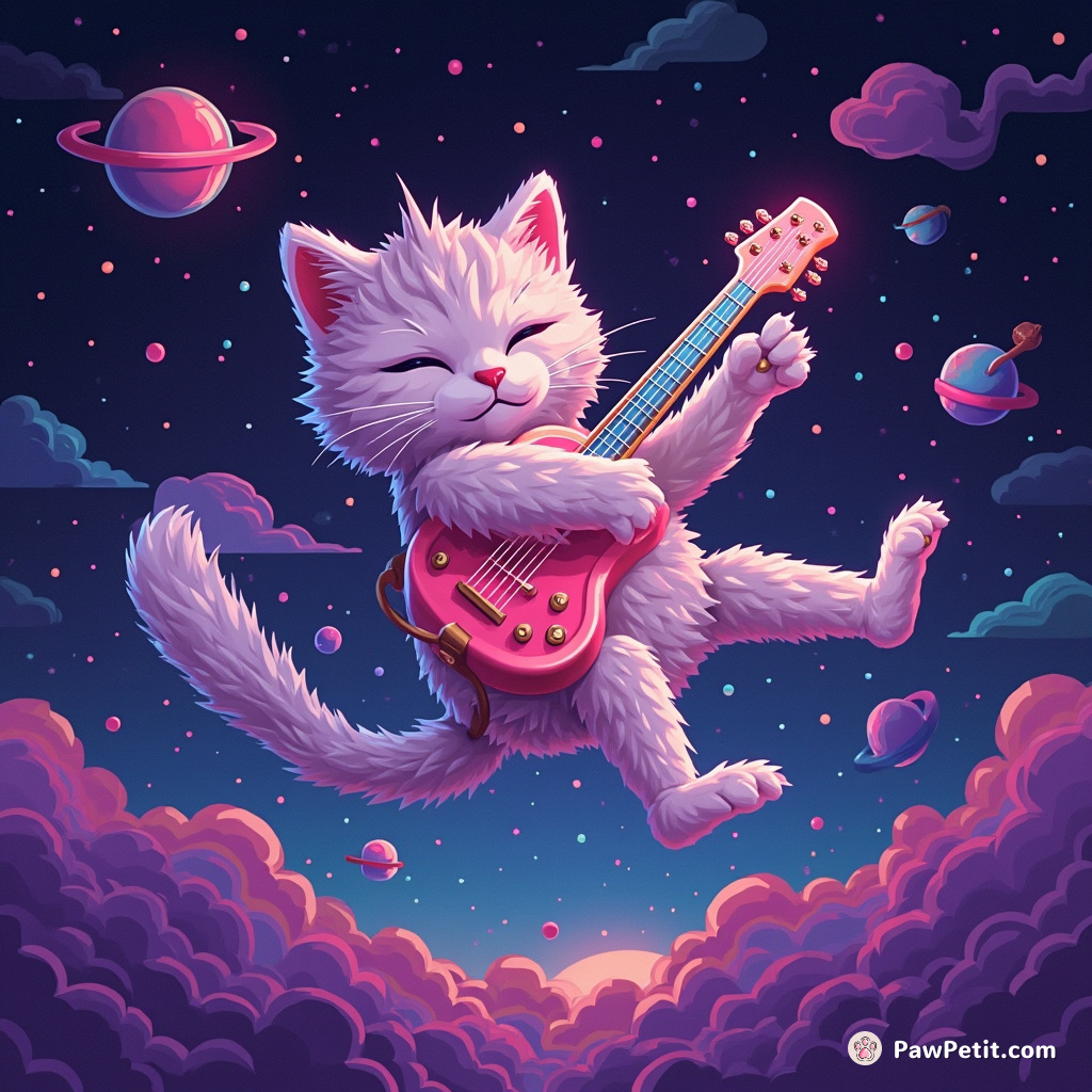 A six-legged, neon glowing cat playing an ethereal lyreava floating in a zero-gravity bubble tea universe.