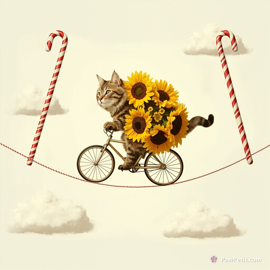 A comical cat entirely made of blooming sunflowers, bicycle riding across a tightrope strung between candy canes in the clouds.