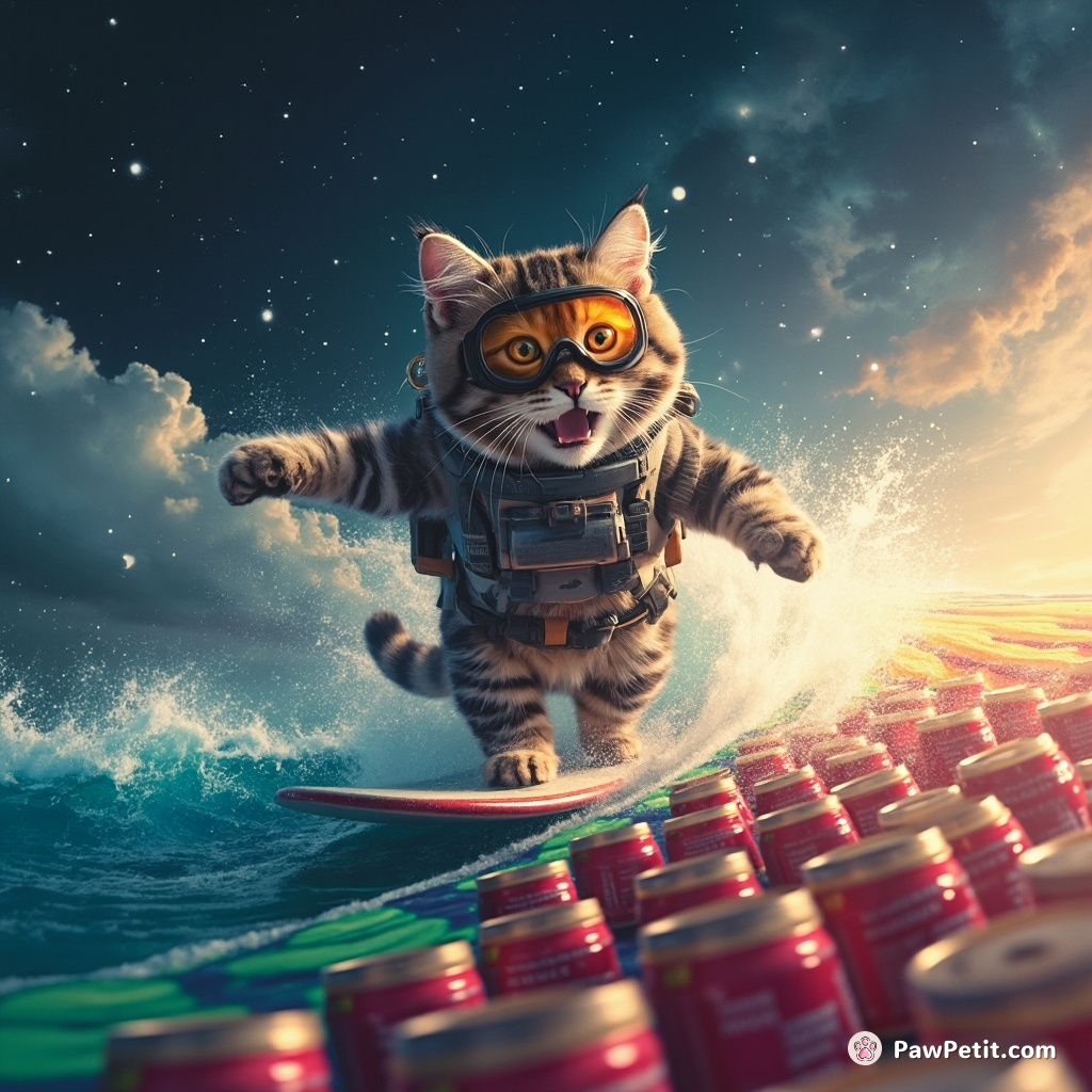 Cat gleefully surfing on a rainbow wave made of tuna cans in a cosmic ocean, wearing astronaut goggles.